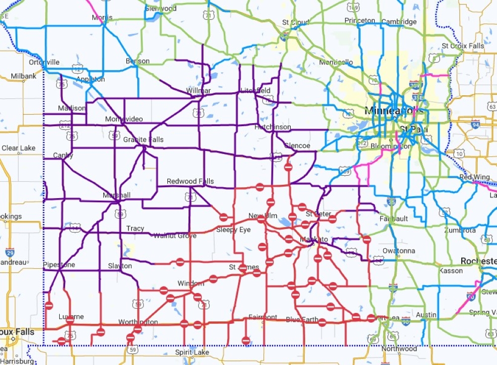 A map showing road closures amid a winter storm